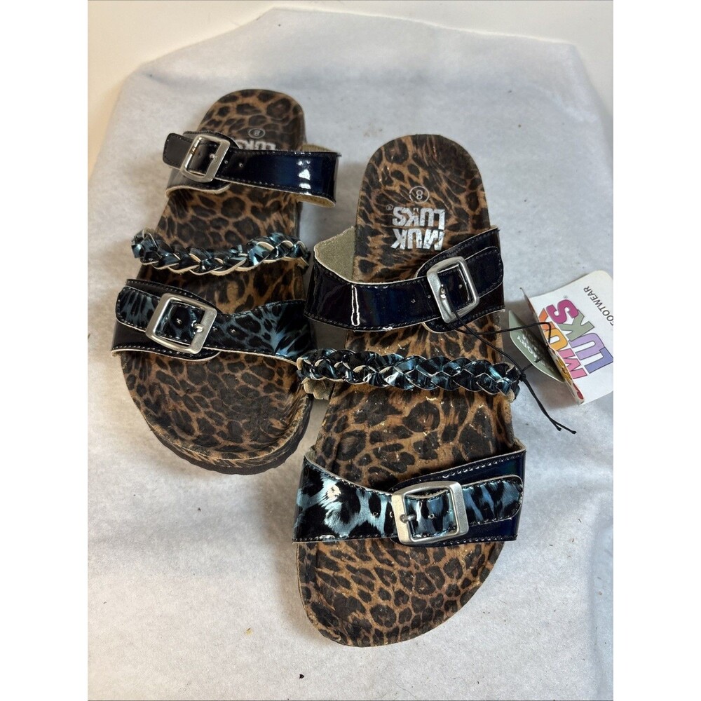 Muk Luks Womens Leopard Print Double Buckle Slide Sandals NWT Size 8 Braided